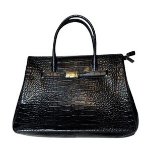M. London | Genuine Patent Leather Croc Embossed Hand Bag in Black